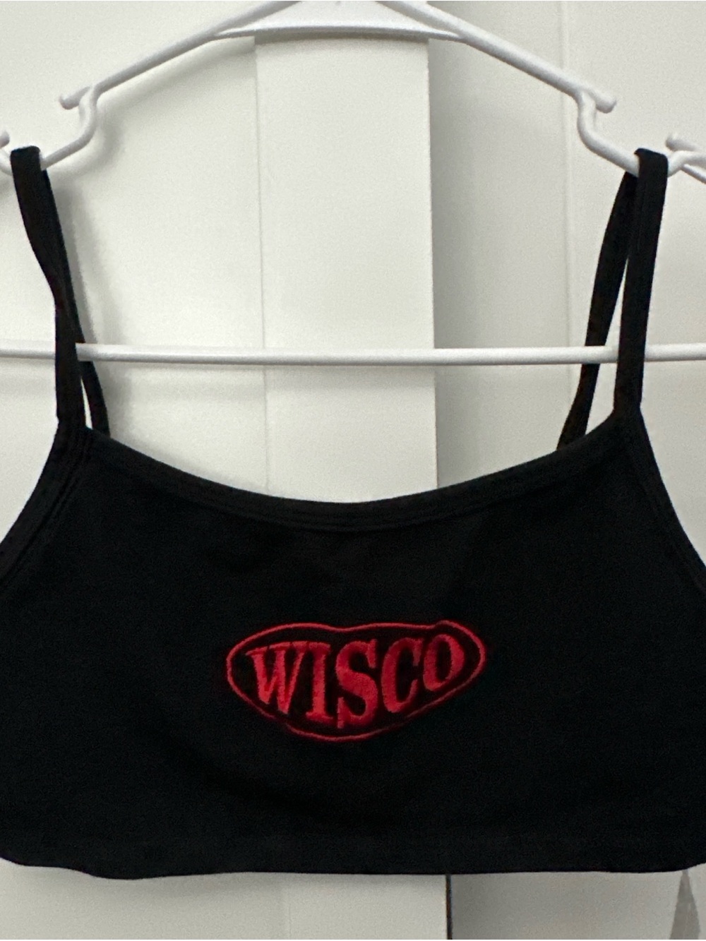Wisconsin Black Crop Tank with Red Logo